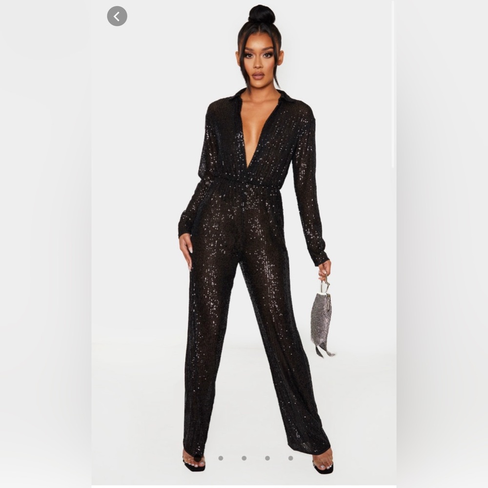 Black Sequin Collar Detail Long Sleeve Jumpsuit